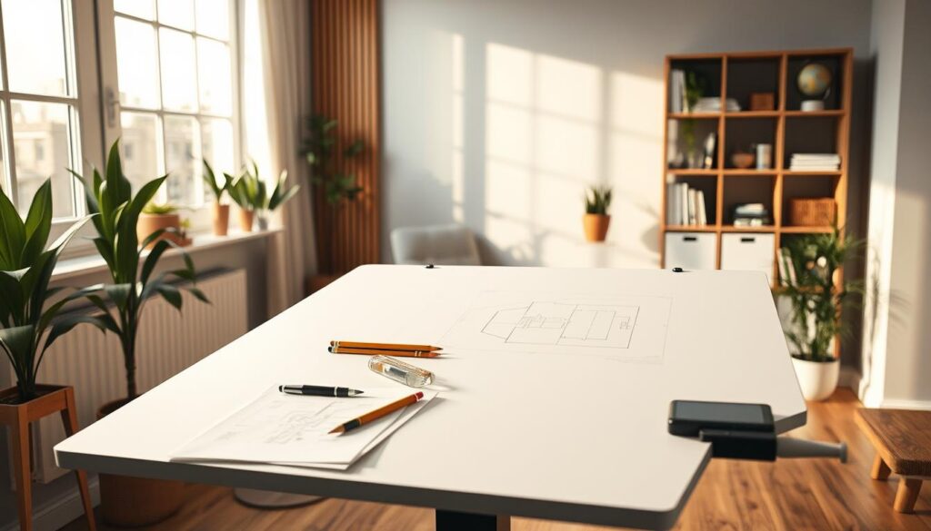 A modern home drafting workspace showcasing a tilting drafting surface. In the foreground, a sleek, adjustable drafting table positioned at an inviting angle, with architectural tools, sketchpads, and a set of colored pencils neatly arranged. The middle ground features soft natural lighting filtering through a large window, illuminating a minimalist interior with wooden accents and potted plants, creating a serene atmosphere. In the background, an organized shelf holds design books and a small globe, reinforcing the creative theme. Capture the scene with a wide-angle lens that emphasizes depth and comfort, inviting a sense of productivity and inspiration. The mood should feel warm and motivating, perfect for small-scale drafting projects.