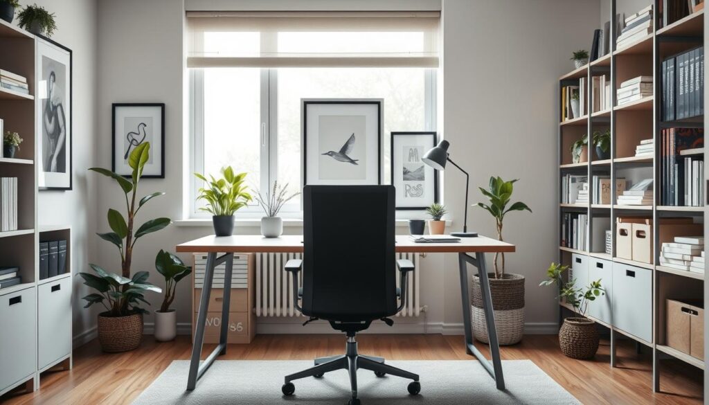 A modern home office designed for flexibility and productivity in a small space. The foreground features a sleek, minimal study desk with a comfortable ergonomic chair, adorned with a laptop, notebooks, and a stylish desk lamp. In the middle, a large window bathes the room in soft, natural light, highlighting potted plants and framed artwork on the walls. The background shows shelves filled with books and storage boxes, emphasizing organization. The color palette consists of calming neutrals with pops of green, creating a serene atmosphere. A sense of adaptability is captured, inviting users to envision this space evolving with their changing needs. The focus is on clean lines and contemporary decor, evoking creativity and focus. The composition is shot with a wide-angle lens, giving a spacious feel.