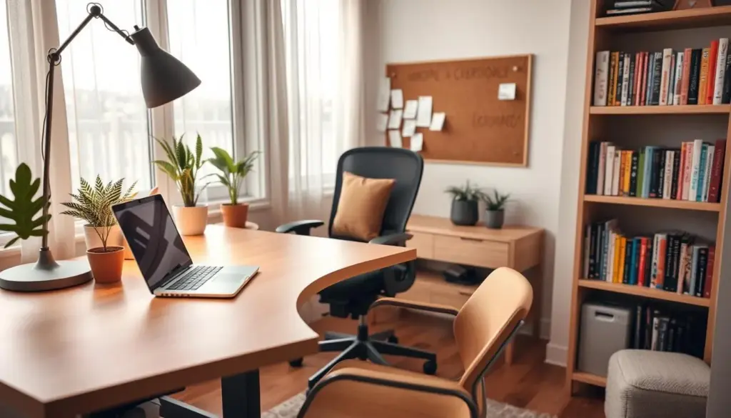 A modern home office desk setup in a small, cozy room, foreground featuring a sleek, adjustable desk made of light wood, neatly organized with a laptop, a stylish desk lamp, and potted plants. In the middle, a comfortable ergonomic chair with cushions for support, and a corkboard on the wall displaying notes and inspiration. The background shows large windows letting in soft, natural light, with sheer curtains, and a bookshelf filled with colorful books. The scene conveys a professional yet relaxed atmosphere, suggesting adaptability for various life stages. The lighting is warm and inviting, highlighting the textures of the desk and decor, shot from a slight angle to create depth.