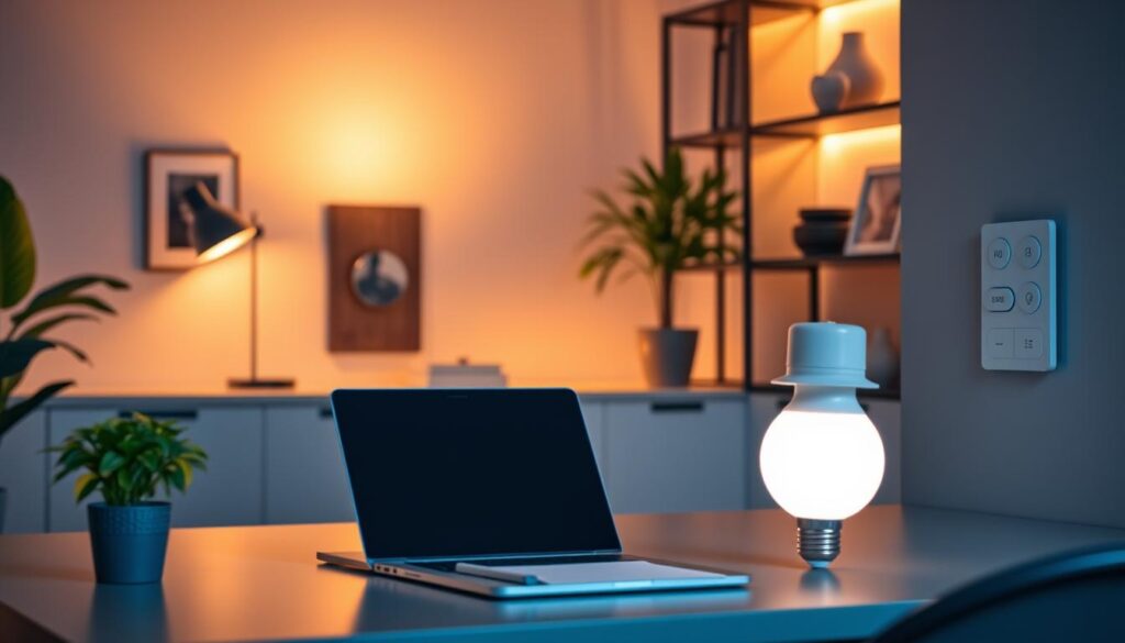 A modern home office setup featuring stylish LED bulbs strategically placed for optimal lighting. In the foreground, a sleek desk with a laptop, a notepad, and a potted plant, illuminated by warm, soft LED lighting. In the middle ground, a stylish task lamp with a dimmable LED bulb casting a gentle glow, and a wall-mounted smart light control panel, showcasing its modern design. The background includes elegant shelving with decorative items, all softly lit to create a calming atmosphere. The overall mood is cozy yet professional, captured with a slight overhead angle using soft diffused lighting to emphasize the warm ambiance without glare.