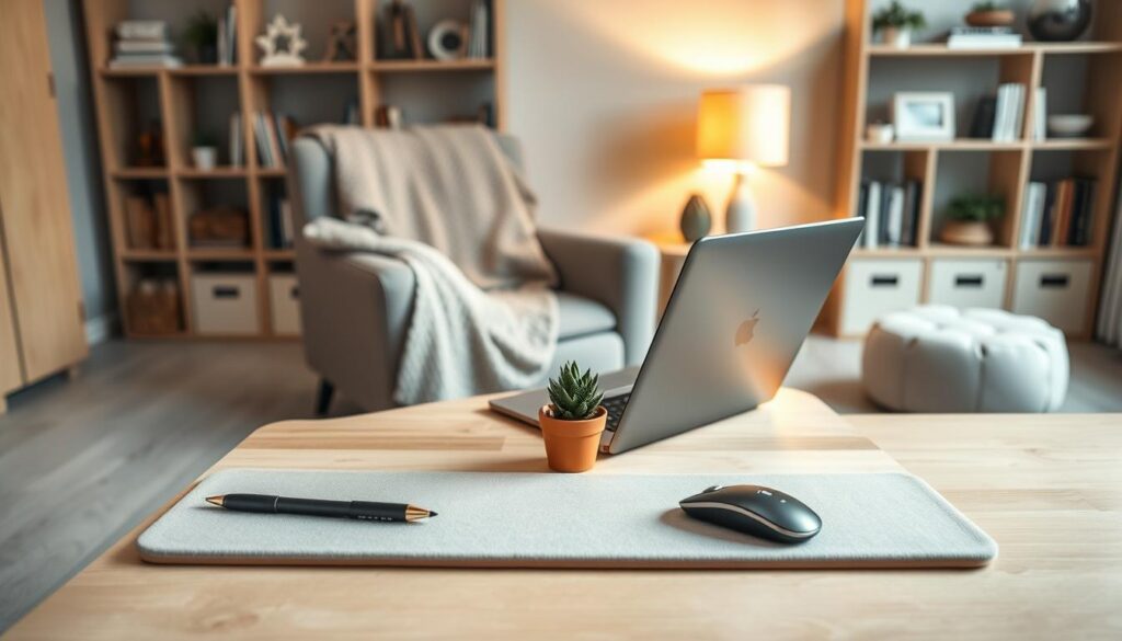 A modern lap desk workspace designed for optimal productivity, featuring a sleek, ergonomic lap desk made of light wood with a soft pad below for comfort. Foreground includes an open laptop and tablet, a wireless mouse, and a stylish pen placed neatly beside a small, potted succulent for a touch of greenery. In the middle, a cozy armchair with a textured throw sits next to an ambient lamp with warm, inviting light, casting gentle shadows. The background showcases a minimalistic, well-organized study area with shelves filled with books and decorative items. The atmosphere is bright and focused, promoting a sense of inspiration and tranquility. Capture this scene from a slightly elevated angle to emphasize the layered textures and create depth.