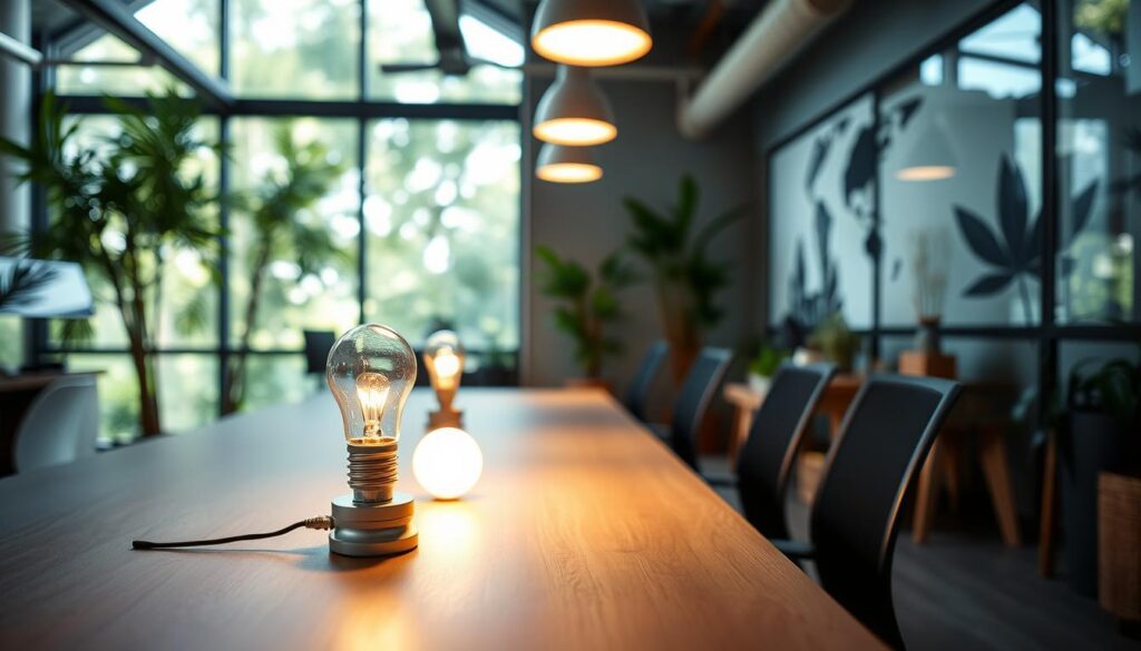 A modern office environment showcasing sustainable lighting solutions. In the foreground, a sleek desk featuring energy-efficient LED bulbs integrated into stylish fixtures, providing bright, comfortable illumination. In the middle ground, a large window allows natural light to flood the space, with greenery visible outside, emphasizing a connection to nature. The background showcases eco-friendly materials like bamboo and recycled metal used in furniture and decor. Soft shadows cast by the warm light create a welcoming atmosphere. The scene is captured from a slightly elevated angle, allowing a view of both the lighting and the sustainable design elements. The mood is professional yet relaxed, reflecting a commitment to sustainability in a contemporary workspace.