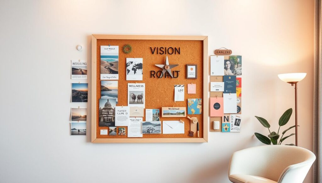 A modern vision board displayed in a stylish, organized manner on a sleek wall panel. The foreground features an assortment of inspiring images, quotes, and small decorative elements arranged neatly, showcasing various themes such as travel, wellness, and professional goals. The middle ground includes a textured corkboard frame in a light wood finish, with pinned items that reflect a cohesive color palette of soft pastels and bold accents. In the background, a softly lit, minimalist office setting with a potted plant and a soft chair creates a calming atmosphere. The lighting is bright but warm, inviting creativity and inspiration. The angle captures the vision board straight on, highlighting its vibrant elements while keeping a tidy, uncluttered aesthetic.