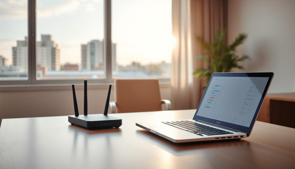 A modern workspace showcasing a fixed wireless internet setup. In the foreground, a sleek, minimalist desk with a laptop and a high-tech wireless router, displaying an array of signal bars suggesting strong connectivity. In the middle, a comfortable office chair and a large window letting in natural light, creating a warm and inviting atmosphere. The background features a contemporary urban landscape, with buildings and rooftops, symbolizing urban connectivity. Soft, diffused sunlight highlights the workspace, casting gentle shadows. The image conveys a sense of stability and reliability, emphasizing the advantages of fixed wireless internet. Aim for a clean, organized, and professional vibe, suitable for illustrating modern home office efficiency.