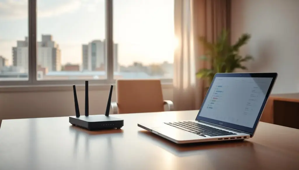 A modern workspace showcasing a fixed wireless internet setup. In the foreground, a sleek, minimalist desk with a laptop and a high-tech wireless router, displaying an array of signal bars suggesting strong connectivity. In the middle, a comfortable office chair and a large window letting in natural light, creating a warm and inviting atmosphere. The background features a contemporary urban landscape, with buildings and rooftops, symbolizing urban connectivity. Soft, diffused sunlight highlights the workspace, casting gentle shadows. The image conveys a sense of stability and reliability, emphasizing the advantages of fixed wireless internet. Aim for a clean, organized, and professional vibe, suitable for illustrating modern home office efficiency. A modern workspace showcasing a fixed wireless internet setup. In the foreground, a sleek, minimalist desk with a laptop and a high-tech wireless router, displaying an array of signal bars suggesting strong connectivity. In the middle, a comfortable office chair and a large window letting in natural light, creating a warm and inviting atmosphere. The background features a contemporary urban landscape, with buildings and rooftops, symbolizing urban connectivity. Soft, diffused sunlight highlights the workspace, casting gentle shadows. The image conveys a sense of stability and reliability, emphasizing the advantages of fixed wireless internet. Aim for a clean, organized, and professional vibe, suitable for illustrating modern home office efficiency.
