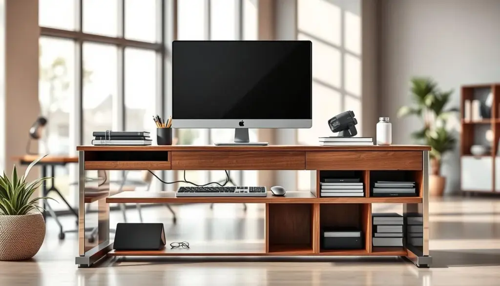 A sleek and modern height adjustable monitor stand with integrated storage features prominently in the foreground. The stand is made of polished steel and textured wood, showcasing multiple compartments that elegantly hold office supplies, books, and tech gadgets. In the middle ground, a stylish workspace is depicted with a large LED monitor, a wireless keyboard, and a mouse, all atop the stand, emphasizing an organized and efficient environment. The background features soft-focus elements of a contemporary office space with natural light filtering in through large windows, creating a bright and inviting atmosphere. Use a warm color palette with soft shadows to evoke a sense of productivity and comfort. The angle should be slightly elevated, capturing the functionality of the stand from a user’s perspective.