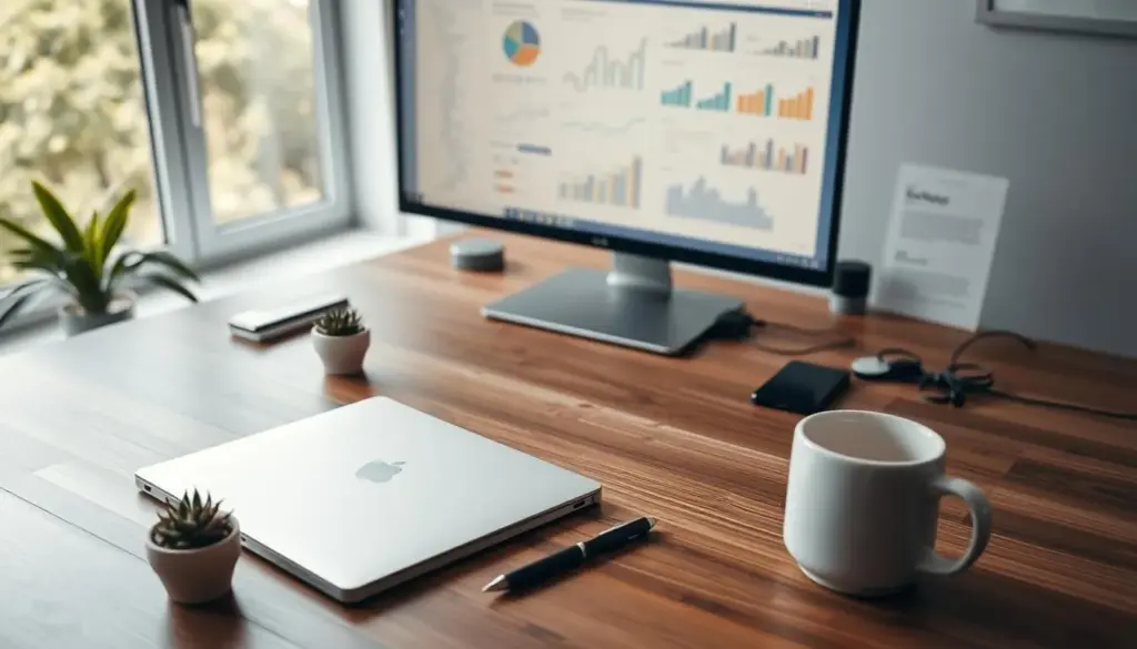 A sleek and organized desktop surface showcasing a modern workspace. In the foreground, a polished wooden desk top features a minimalist laptop, a stylish notepad, and an elegant pen positioned neatly beside it. Scattered yet orderly items like a small potted succulent and a coffee mug add a touch of personality. The middle layer displays a large monitor with charts, notes, and digital tools, all in a cohesive color scheme. The background consists of a softly blurred open window revealing greenery, letting in warm, natural daylight, casting gentle shadows. The scene conveys a professional yet inviting atmosphere, emphasizing productivity and clarity in an efficient workspace, captured with a slight overhead angle for depth.