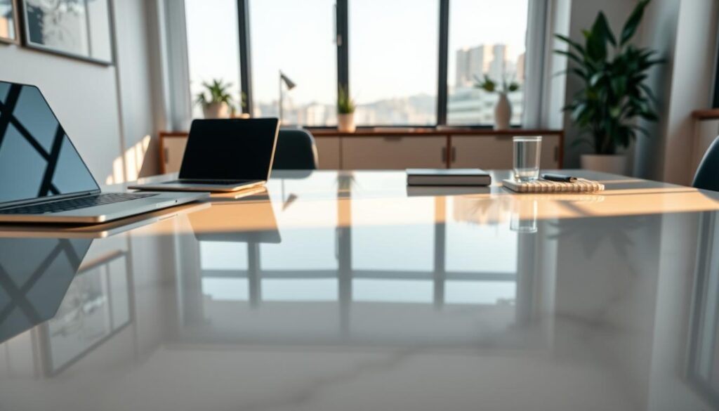 A sleek, modern desk with a polished, reflective surface dominates the foreground, showcasing intricate reflections of office items such as a stylish laptop, a minimalist notepad, and a decorative plant. The middle ground features a soft-focus view of an inviting small office environment, with warm, ambient lighting that enhances the smooth surface's shine. In the background, a large window filters natural light, casting gentle shadows and creating a sense of openness. A soft color palette of muted grays and whites contributes to a professional yet cozy atmosphere. The camera angle is slightly elevated, capturing the desk's reflection and emphasizing the depth of space. The mood is serene, focused, and conducive for work, ideal for exploring the impact of reflective surfaces in office design.