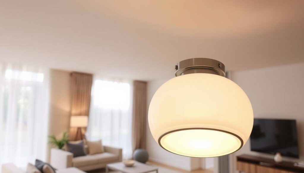 A sleek, modern flush mount ceiling light designed for a contemporary room with low ceilings. The light fixture features a minimalist, round shape made of brushed nickel and frosted glass, radiating soft, diffused lighting. In the foreground, the focus is on the ceiling light itself, showcasing its elegant design and smooth finish. The middle ground displays a cozy, stylish living room with pale-colored walls, low-profile furniture, and tasteful decor that complements the light fixture. The background features a subtle hint of natural light filtering through sheer curtains, creating a warm and inviting atmosphere. The scene is captured from a slightly angled perspective, emphasizing the low profile of the lighting while demonstrating its impact on spatial aesthetics.