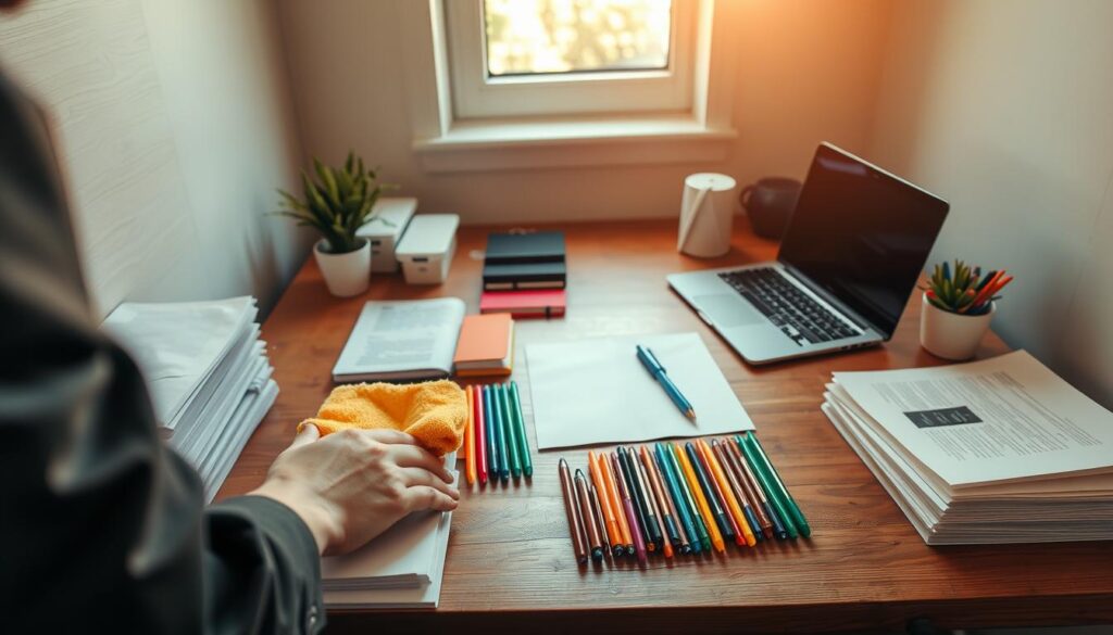 A small, organized workspace at the end of the day, featuring a wooden desk with neatly stacked papers, a closed laptop, and a small potted plant. In the foreground, a person in professional business attire is wiping down the desk surface with a cleaning cloth, demonstrating routine maintenance. The middle layer includes a tidy array of office supplies in vibrant colors, such as pens and notebooks, creating an engaging scene. In the background, a window allows soft, warm lighting to flood the room, enhancing the productive atmosphere. The angle captures the space from slightly above, emphasizing the cleanliness and order. Overall, the mood is calm and focused, embodying efficiency and productivity in a well-maintained workspace.
