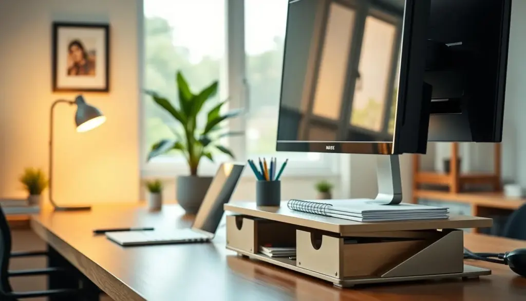 A stylish, modern monitor stand with integrated storage features prominently in the foreground, showcasing its dual compartments filled with neatly organized office supplies like notebooks and pens. The middle ground features a sleek desk setup complete with a computer monitor on the riser, a potted plant adding a touch of greenery, and minimalistic decor to enhance productivity. The background displays a well-lit home office with warm, natural light streaming through a window, creating a welcoming atmosphere. The scene is captured from a slightly elevated angle to highlight the functionality and aesthetics of the monitor stand. The mood is professional yet cozy, inviting viewers to envision a more organized and efficient workspace.
