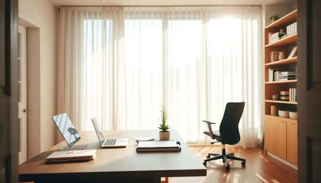A sunlit home office featuring large daylight windows that flood the space with natural light. The foreground shows a sleek wooden desk with a laptop and a neatly arranged planner. In the middle, a comfortable ergonomic chair sits beside the desk, and a small potted plant adds a touch of greenery. Light filters through sheer white curtains, casting soft shadows on the warm wooden floor. The background reveals a minimalist bookshelf filled with books and decorative items, enhancing the professional atmosphere. The scene is inviting and airy, evoking a sense of calm productivity. The angle captures the view from the entrance, with the glow of daylight illuminating the workspace, creating a fresh and vibrant ambiance.