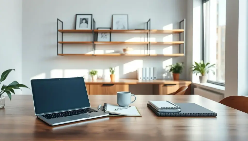 A tranquil office workspace showcasing a clean desk surface. In the foreground, a polished wooden desk with neatly arranged items: a sleek laptop, a planner, a stylish coffee mug, and a small potted plant. In the middle ground, a well-organized shelf displaying minimalistic decor and productivity books. The background features a large window letting in soft, natural light, casting gentle shadows across the surfaces. The atmosphere is calm and focused, with a slight warmth from the sunlight creating an inviting ambiance. Use a wide-angle lens to capture the entire scene, emphasizing the importance of a clear and prioritized workspace. The overall color palette should be soothing, with earth tones and soft pastels. No text or watermarks are present in the image.