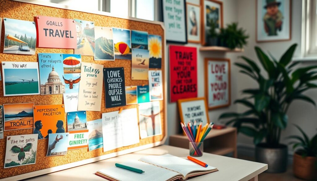 A vibrant vision board displayed in a compact, stylish setting. In the foreground, an assortment of colorful images and quotes pinned to a corkboard, featuring goals like travel, fitness, and career achievements. The middle layer showcases a desk with an open notebook and colorful pens, hinting at planning and action. In the background, a softly lit room with plants and motivational art adds warmth. Natural light streams through a window, casting gentle shadows, creating an inspiring atmosphere. The scene conveys enthusiasm and creativity, encouraging viewers to visualize their aspirations clearly and take actionable steps. The overall mood is uplifting and focused, inviting reflection and ambition.