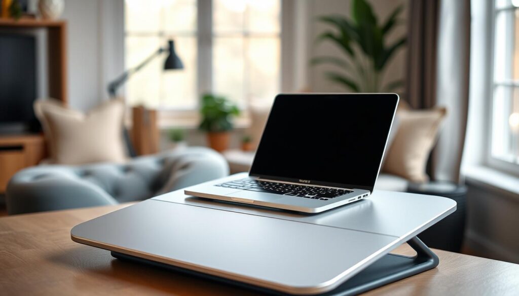 A visually appealing lap desk setup tailored for laptop and tablet use. In the foreground, display a sleek, modern lap desk with adjustable height settings, showcasing its compact design and ergonomic shape. Include a comfortable cushion for support, emphasizing its practicality. In the middle ground, position a stylish laptop and tablet, open and ready for use, highlighting their screen sizes and positioning on the desk. In the background, create a well-lit, cozy workspace environment with soft natural light filtering through a nearby window, enhancing a relaxed yet professional atmosphere. Use a shallow depth of field to focus on the lap desk, while keeping the background slightly blurred. The overall mood should be inviting and conducive to productive workflows, ideal for readers seeking guidance on optimizing their workspace.