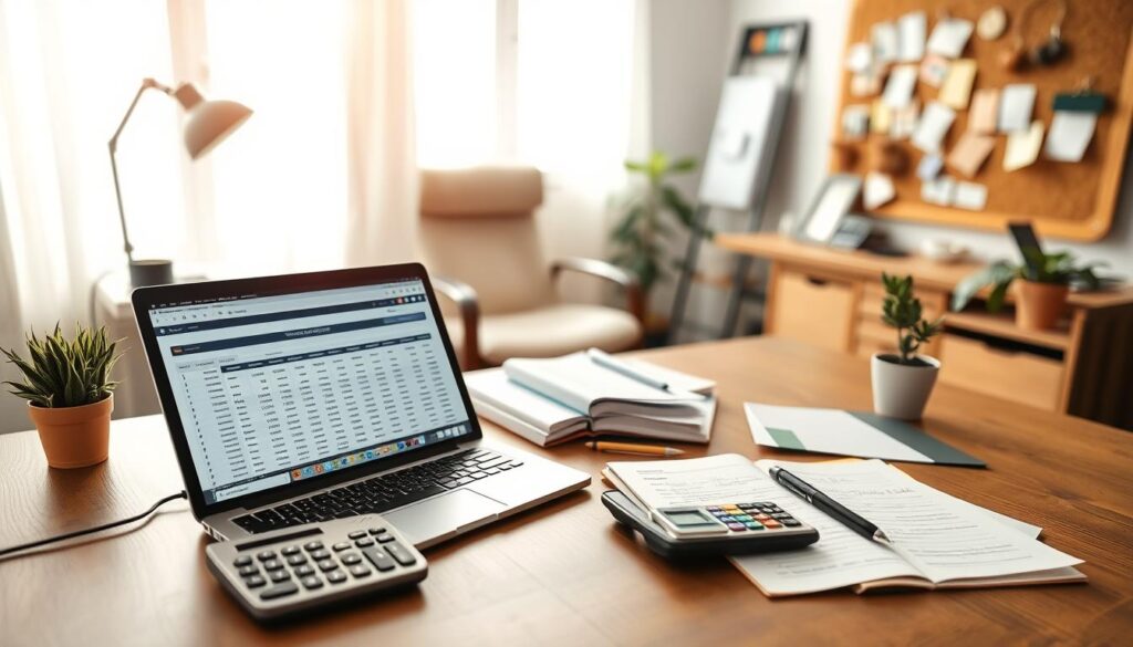 A well-organized home office workspace filled with budgeting tools. In the foreground, a sleek wooden desk with a laptop displaying a budgeting spreadsheet, an open notebook with handwritten notes, and color-coded spreadsheets. A stylish calculator and a potted plant add a touch of greenery. In the middle ground, a comfortable office chair and a corkboard filled with pinned reminders and important financial documents. In the background, a soft-focus view of a bright window letting in natural sunlight, illuminating the scene and creating a warm, productive atmosphere. The angle is a slight overhead shot, capturing the essence of financial planning and organization, evoking a sense of clarity and focus essential for budgeting in a home office.