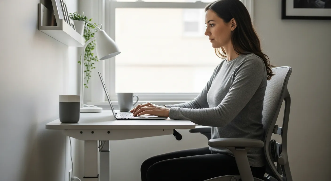 Woman working at an adjustable height desk in a home office.