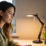 Uma mulher trabalha em seu escritório em casa, com uma luminária de temperatura de cor ajustável.