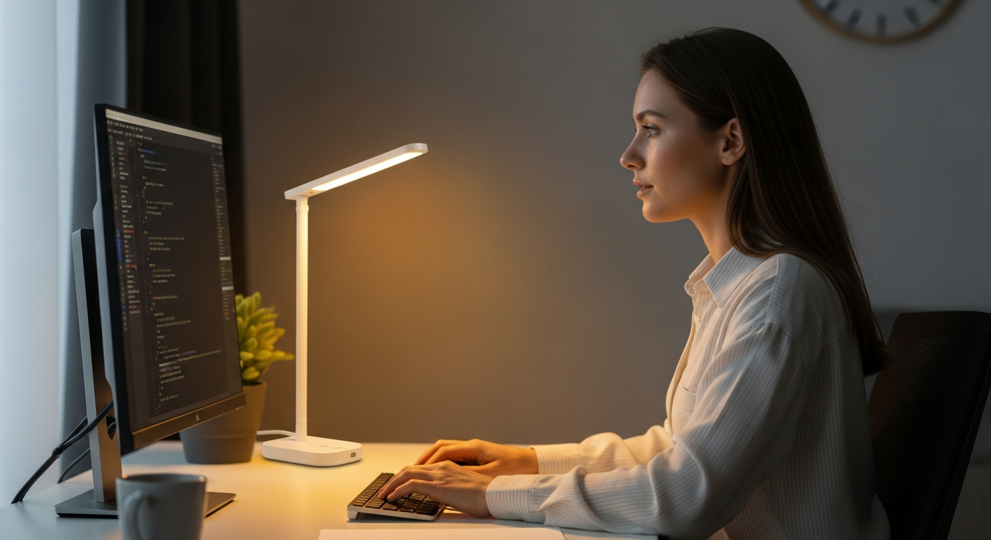Woman working at a desk with an adjustable lamp in her home office.