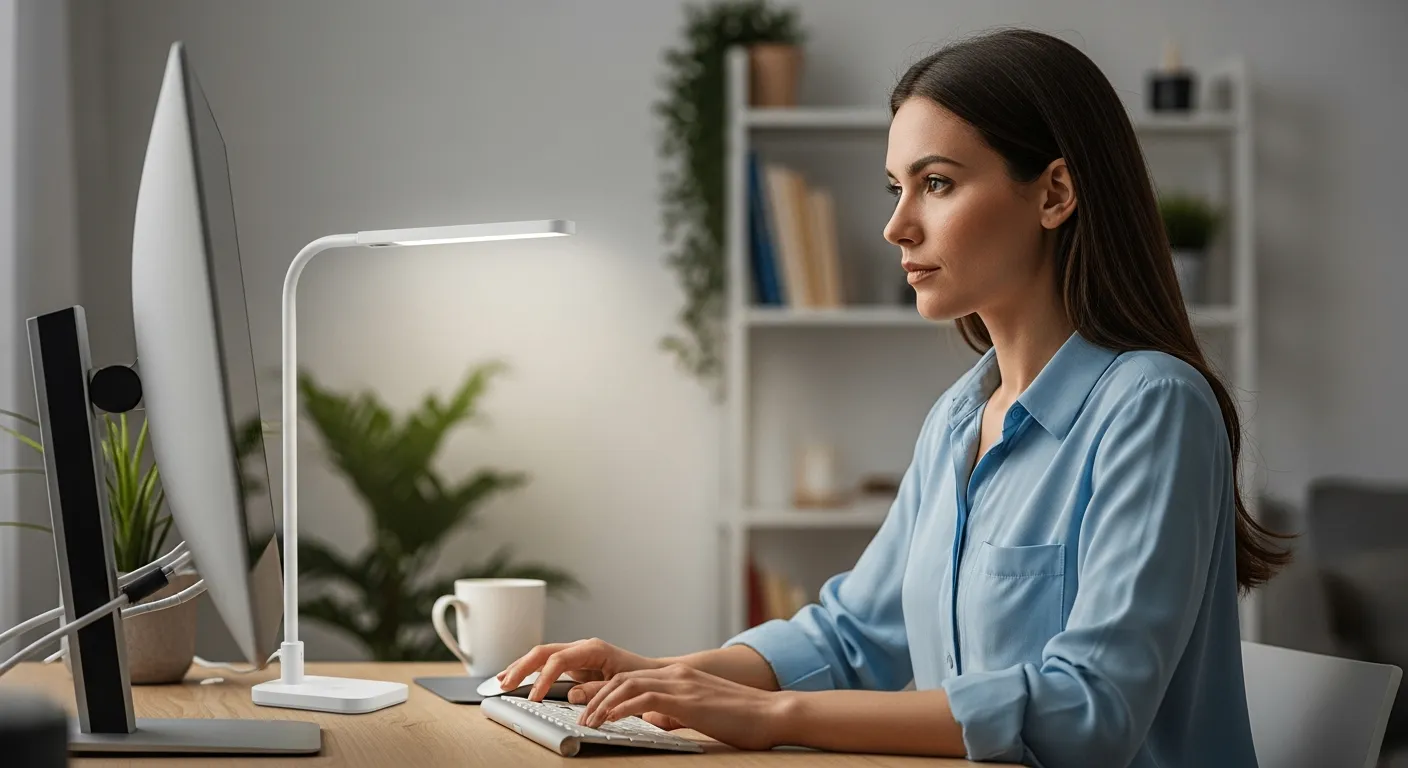 Woman working at her home office desk with a modern LED lamp.