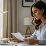Woman working at her desk in a home office with a modern LED lamp.