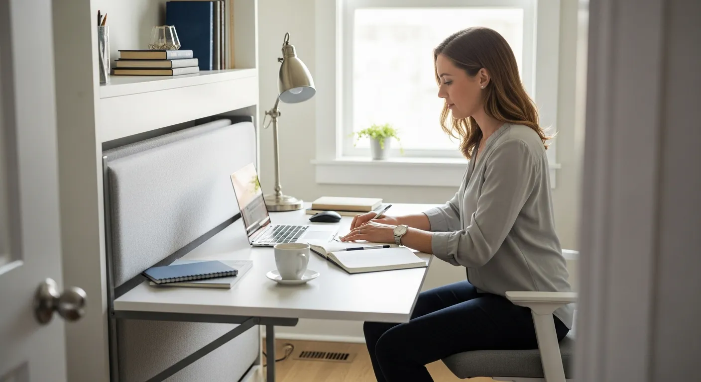 Woman working at a desk in a small home office with convertible furniture.