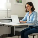 Woman working at a convertible desk in a small home office.