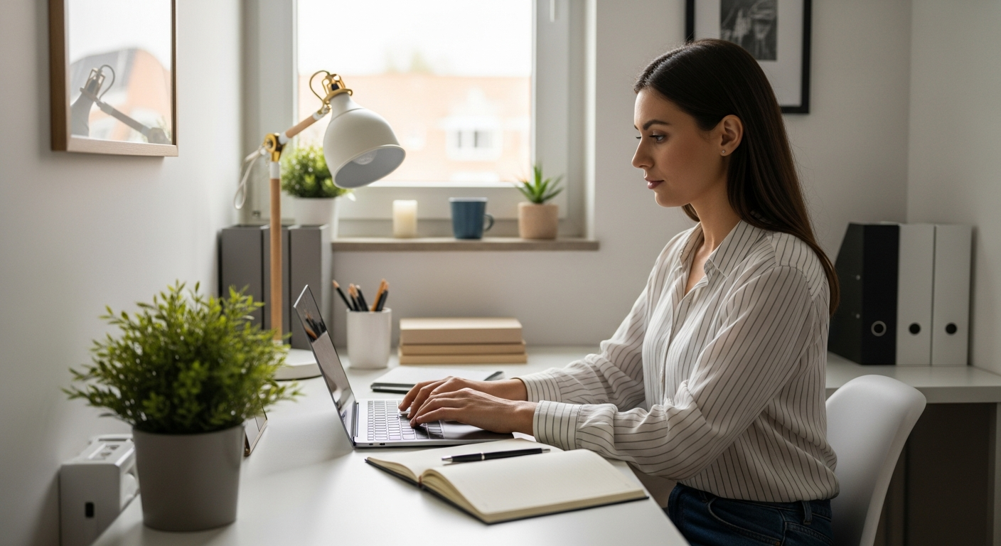 A woman works at a corner desk in her home office.