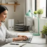 Woman working on a laptop at a corner desk in a small home office.