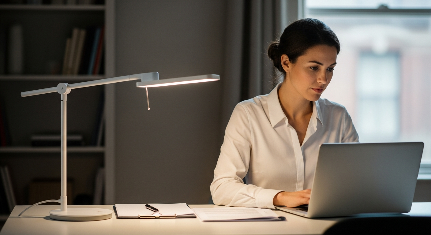 Woman working at a desk with a lamp providing light.