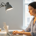 Woman working at a desk with a lamp.
