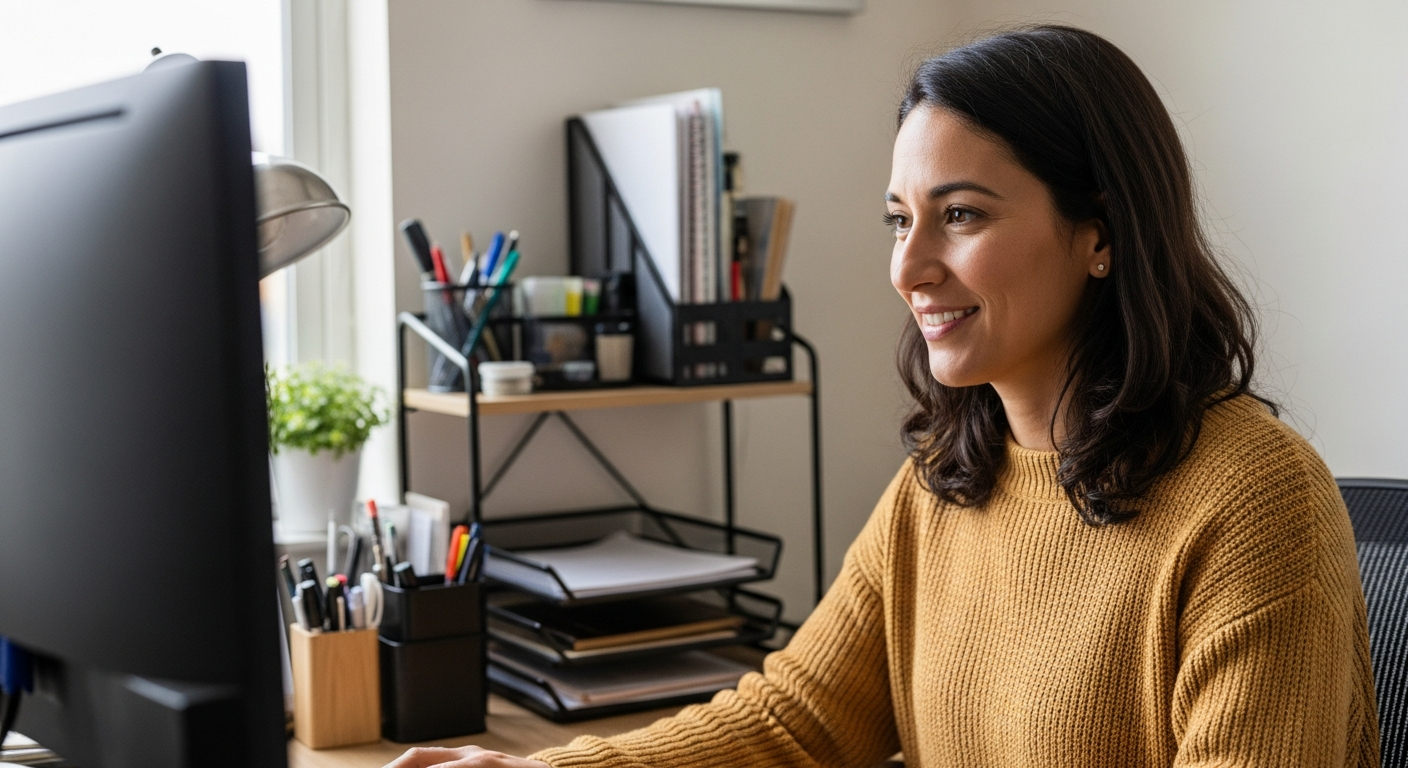 Woman working at an organized desk in her home office.