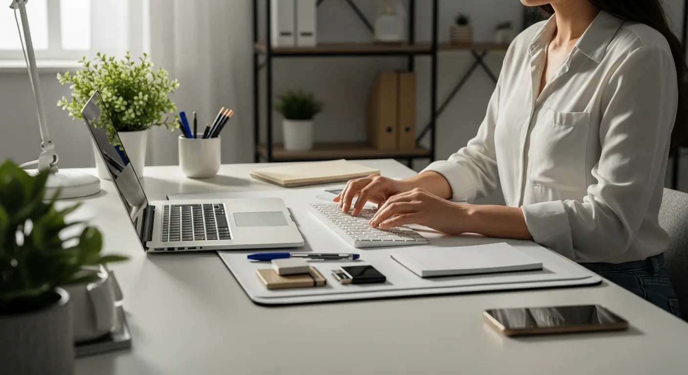 Woman working at a tidy desk with a desk pad holding office supplies.