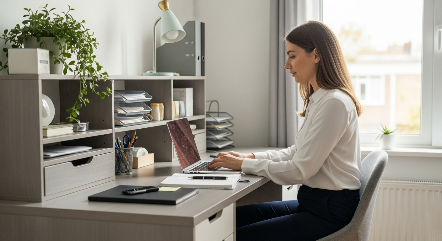Woman working at a desk with built-in storage in a home office.