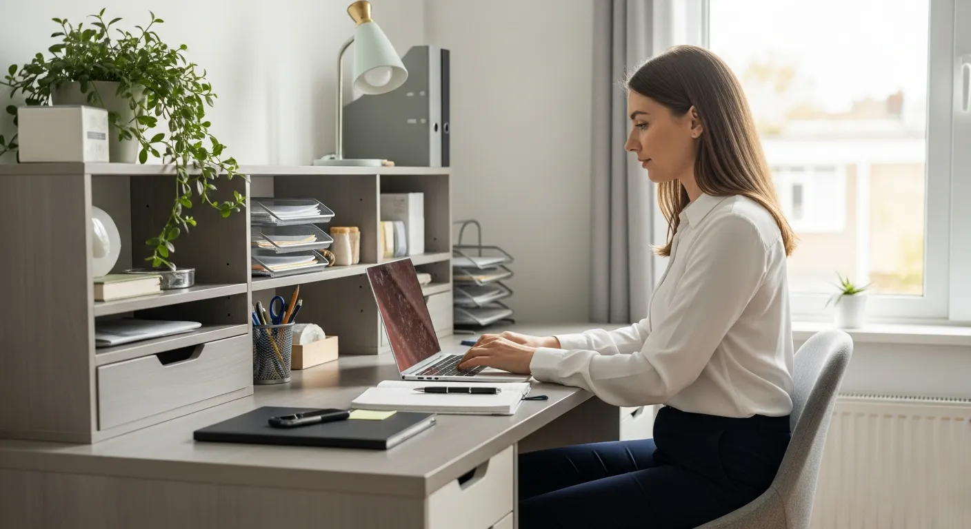 Woman working at a desk with built-in storage in a home office.