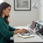 Woman working at a desk with storage in a home office.