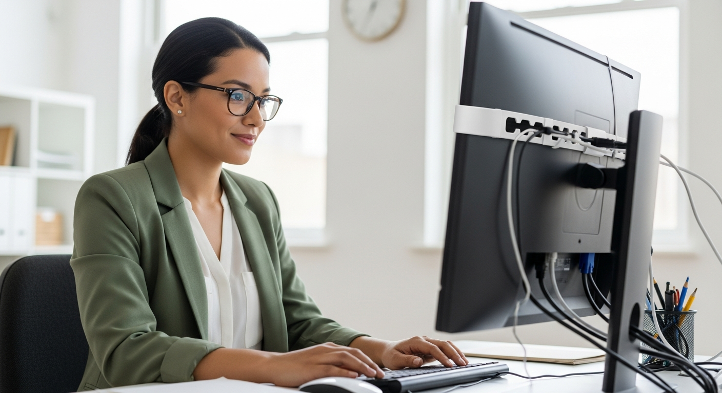 Woman working at a tidy desk with organized cables in a small office.