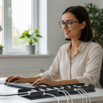 Woman working at a tidy desk with organized cables in a small office.