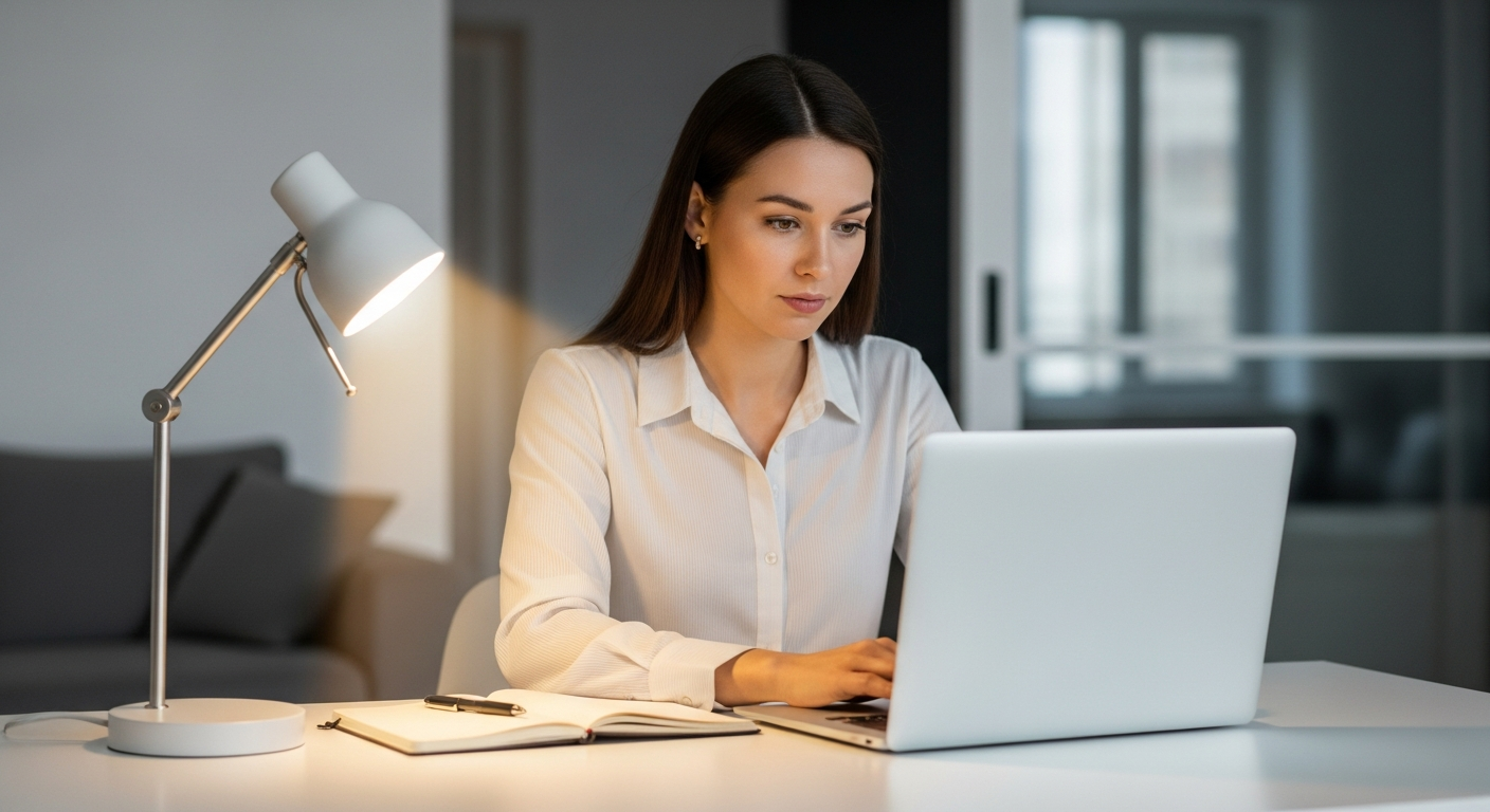 Uma mulher trabalha em seu escritório em casa com iluminação ajustável.