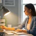 Woman adjusting a dimmer switch on a desk lamp in her home office.
