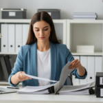 Mujer joven organizando documentos en un espacio de oficina pequeño.