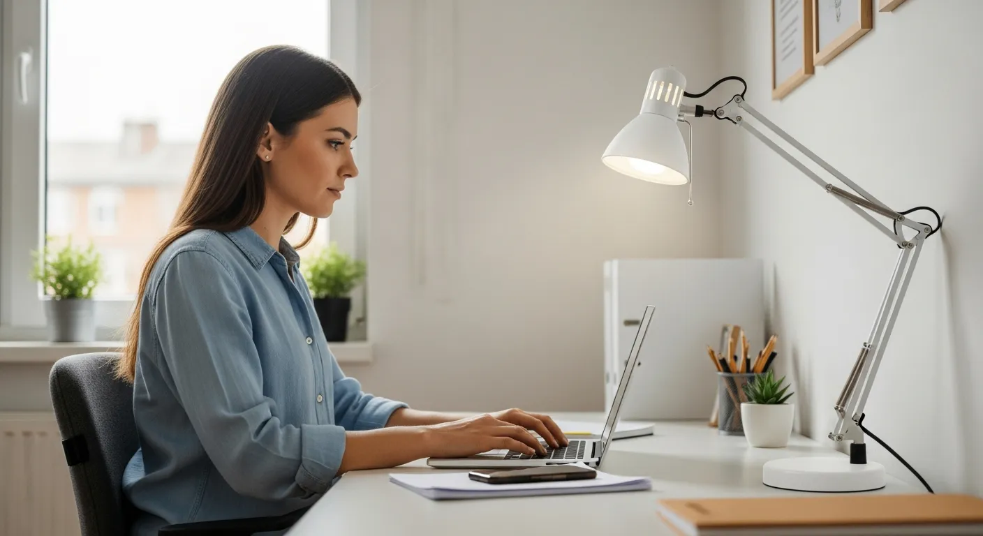 Woman working at her home office desk with an energy-efficient lamp.