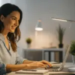 Woman working at her desk with an energy efficient lamp