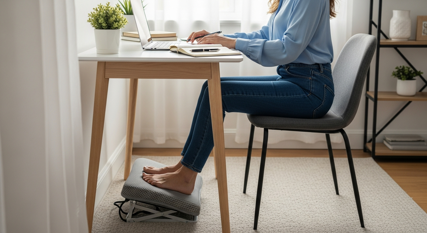 Woman using an ergonomic footrest while working at her desk.