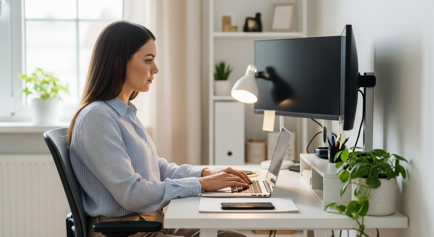 Woman working at a small and ergonomic desk in her home office.