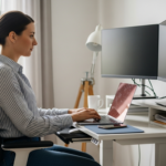 Woman working at a small desk with ergonomic setup.