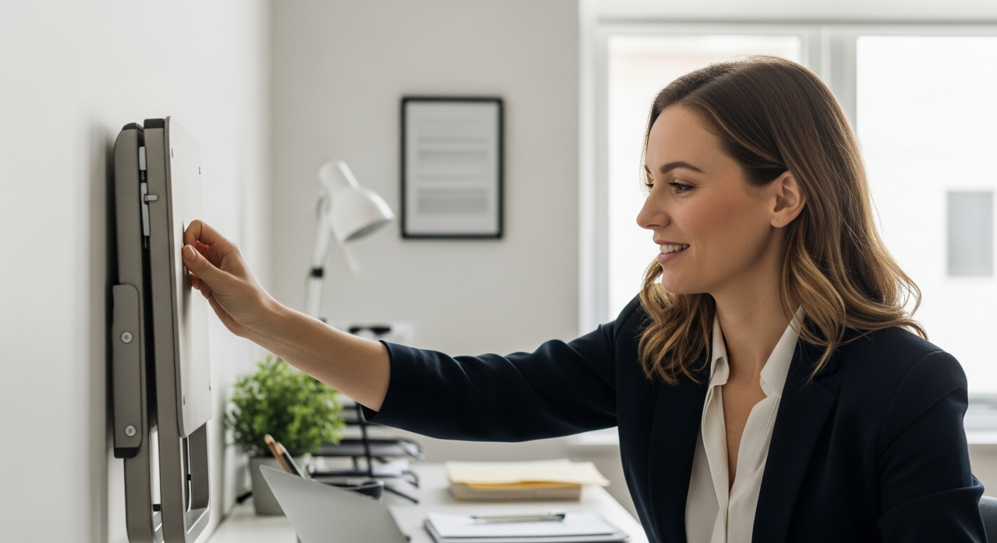 Woman reaching for a foldable chair in a small home office.