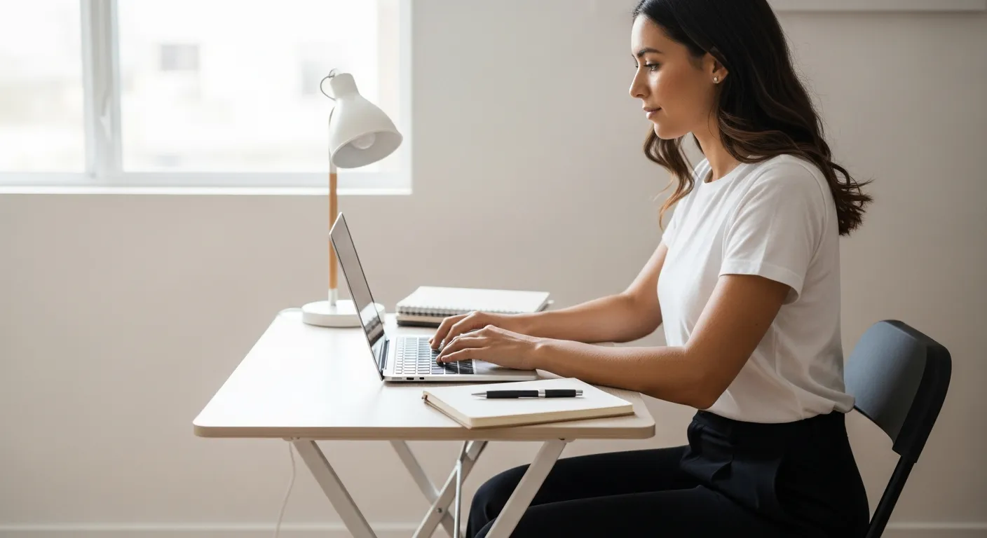 Woman working on a laptop at a folding desk in her home office.