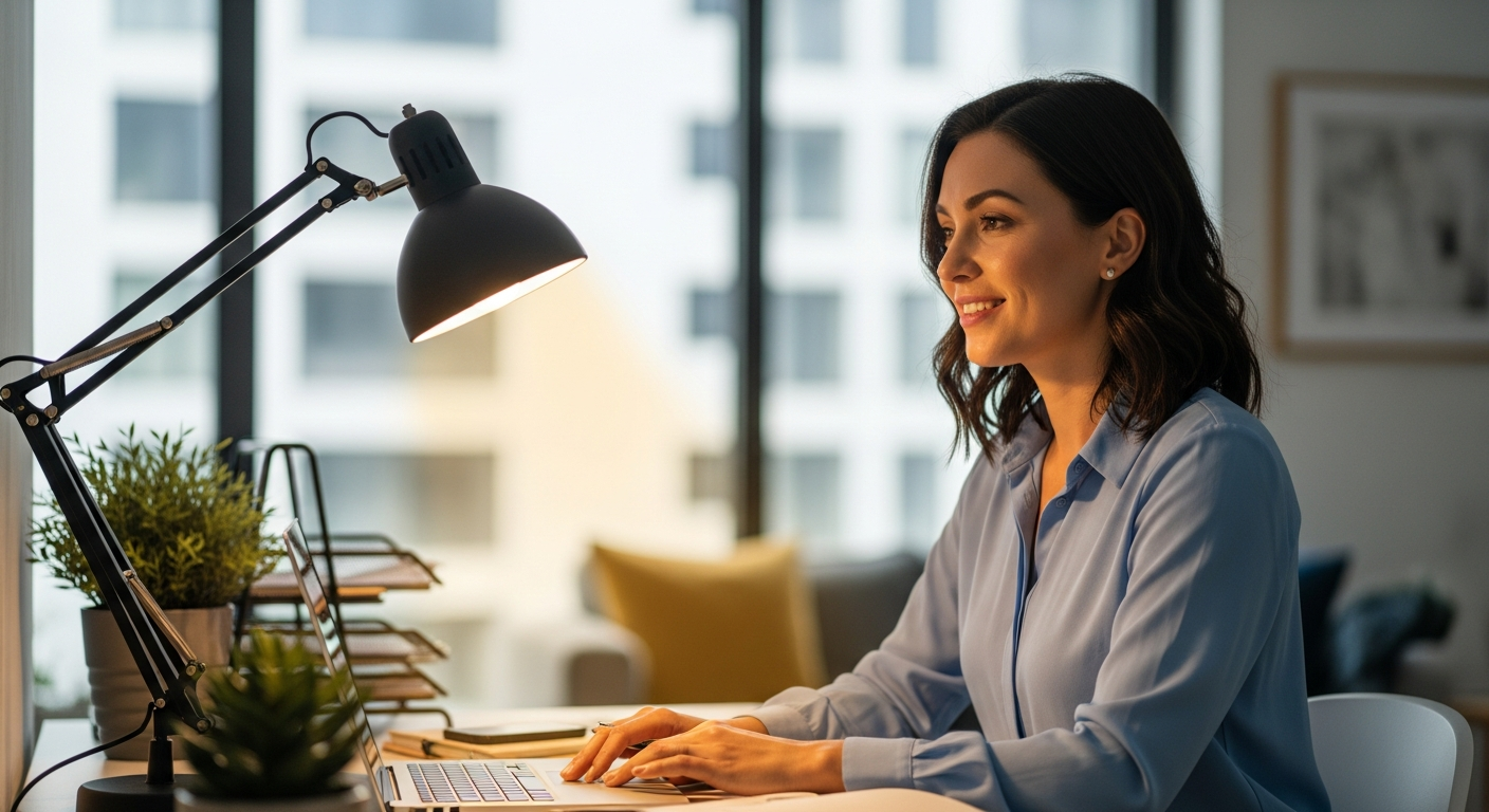 Woman working at her desk with a stylish lamp providing accent lighting.