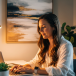 Woman working at a desk with accent lighting in a home office.